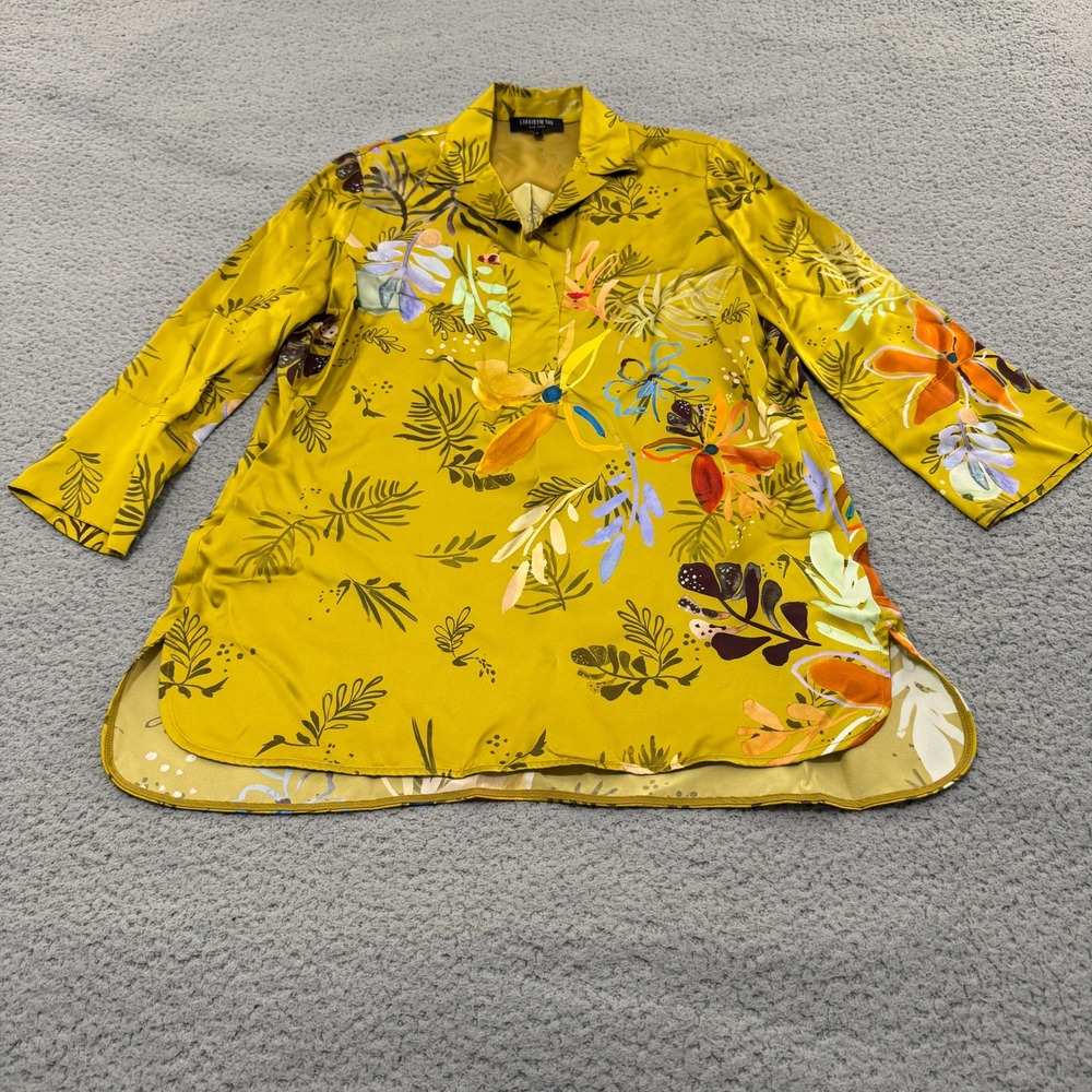 Lafayette 148 Tunic Blouse Womens Small Mustard Yellow Floral Viscose Collared